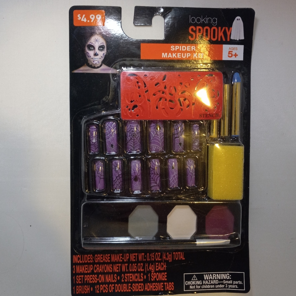 NIB Spooky Spider Makeup Kit Includes (Stencils, Makeup, Press On Nails)